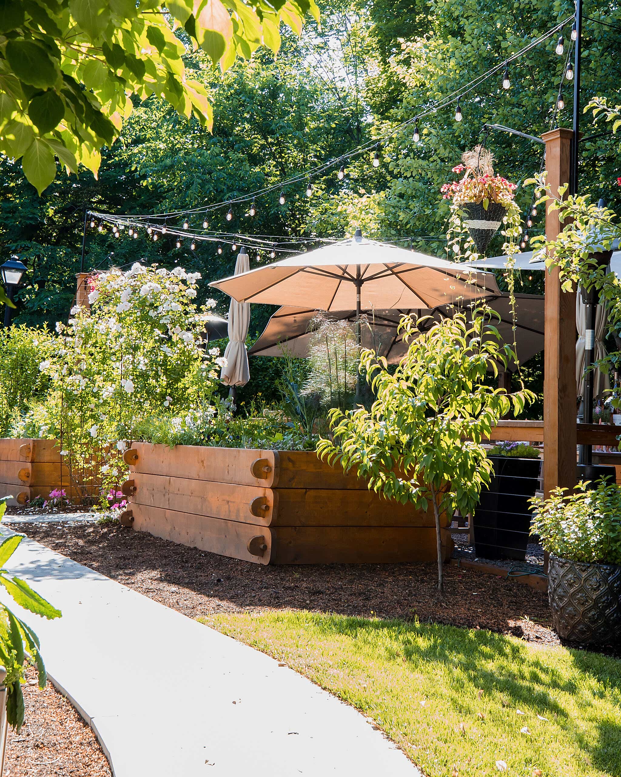Outdoor garden patio with string lights, large umbrella, raised wooden planters, and lush greenery on a sunny day.
