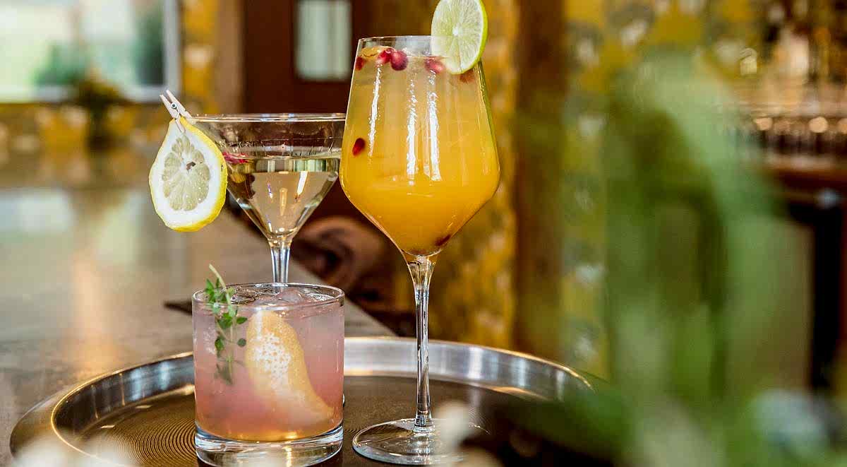 Three colorful cocktails on a tray: a pink drink with grapefruit and thyme, a clear drink with a lemon slice, and an orange drink with lime and berries.