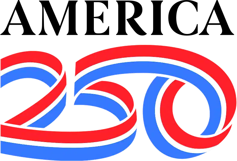 Logo with the word AMERICA above a stylized red, white, and blue 250, representing Americas 250th anniversary.
