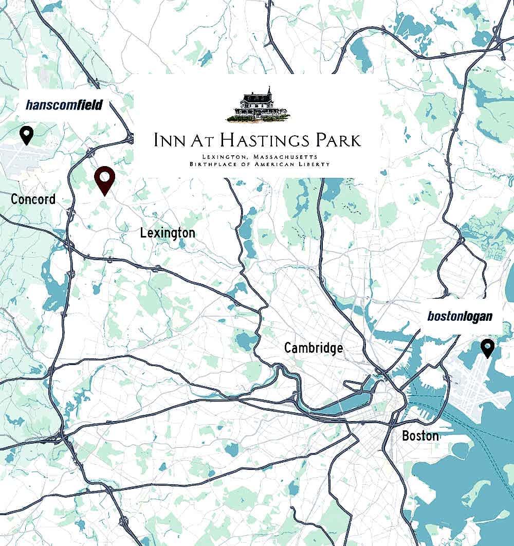 Map showing Boston, Logan Airport, Concord, and Lexington, with a marker near Concord and the Inn at Hastings Park logo at the center.