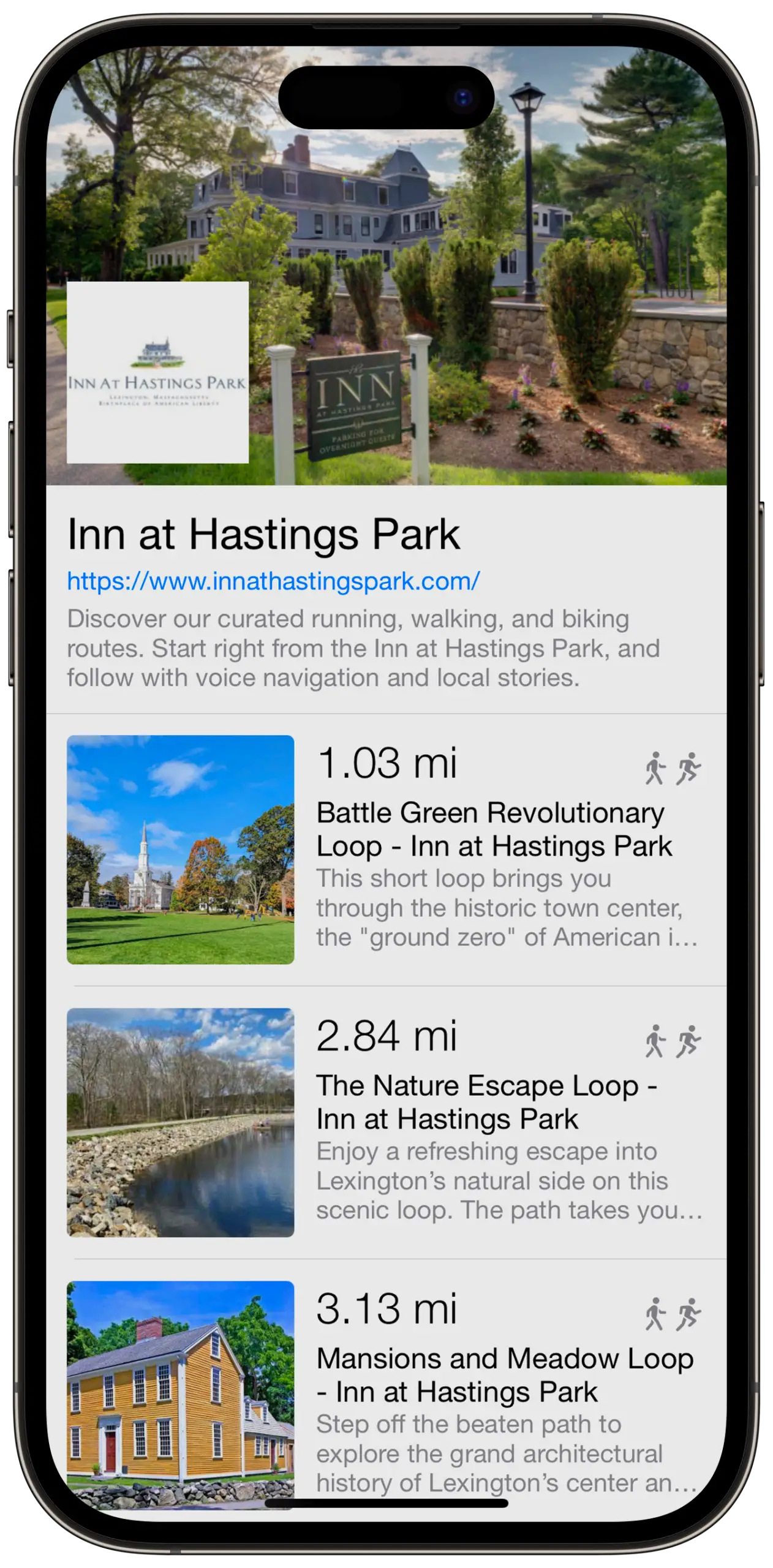 A smartphone displays a website with hiking and biking trail options, distances, and photos for Inn at Hastings Park in Lexington, Massachusetts.