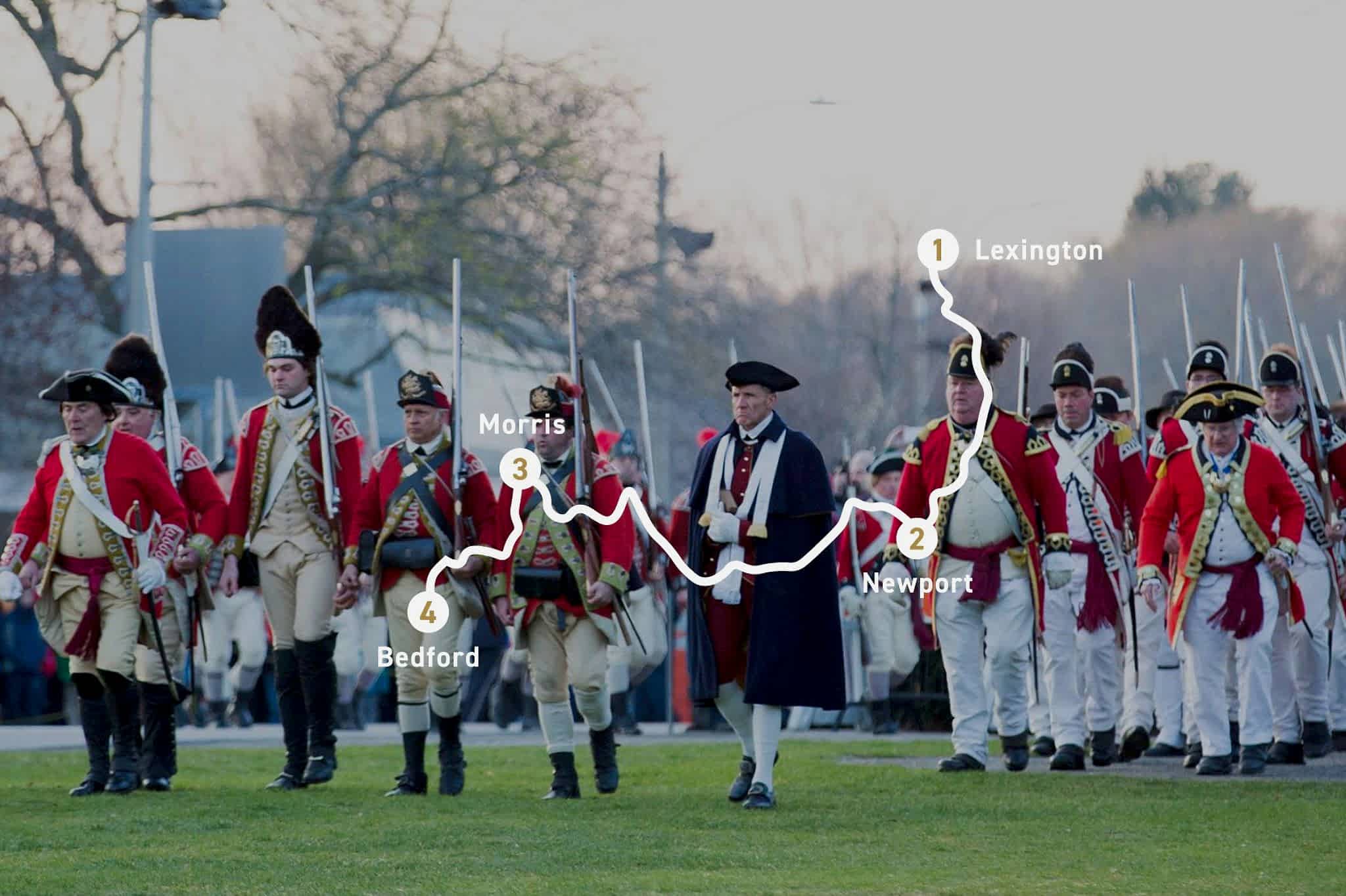 British soldiers in red uniforms march; a white line map with labeled points shows a route from Newport to Lexington, passing Morris and Bedford.